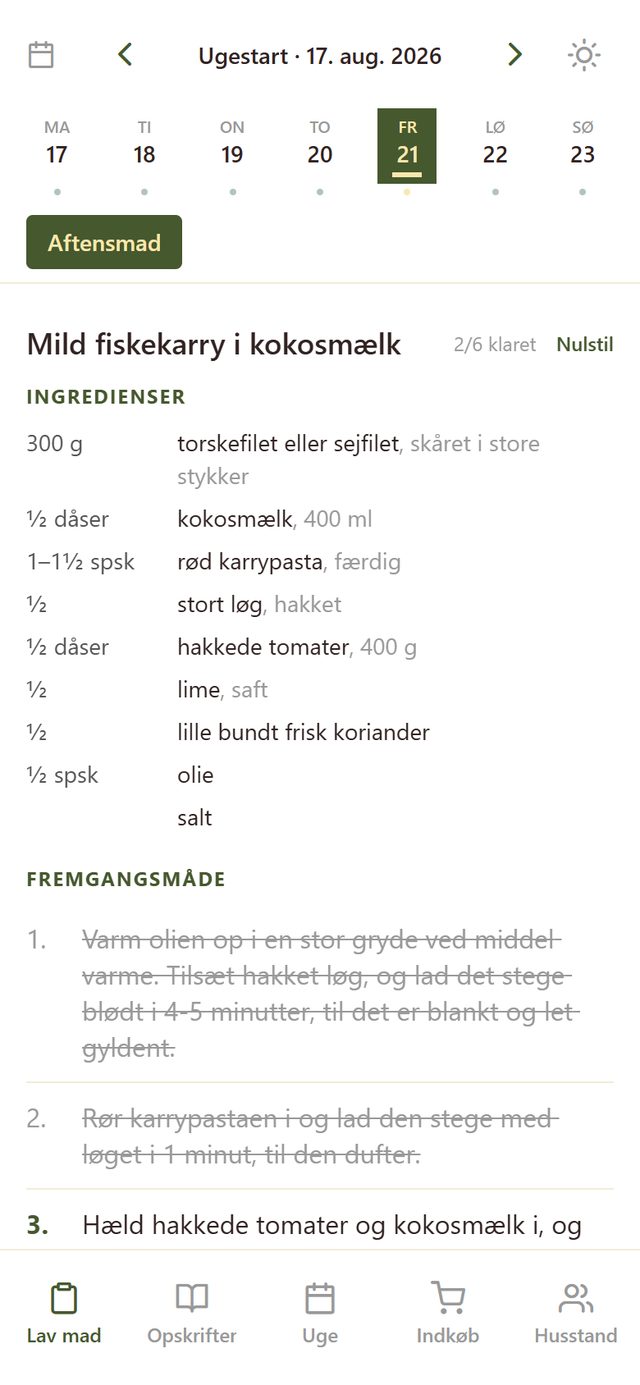 Lav mad-fanen med ingredienser og nummererede trin, hvor de to første er streget ud