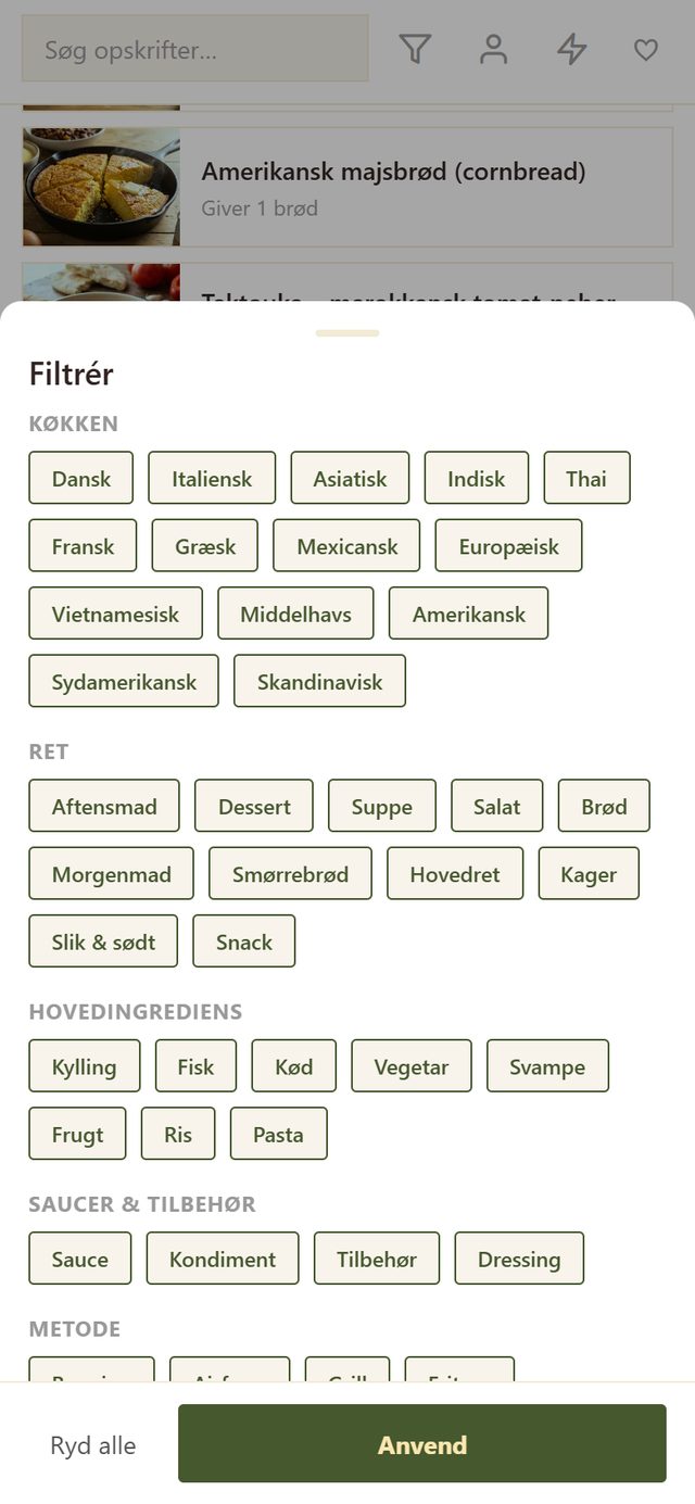 Filterpanelet åbent med emneknapper grupperet under Køkken, Ret og Hovedingrediens