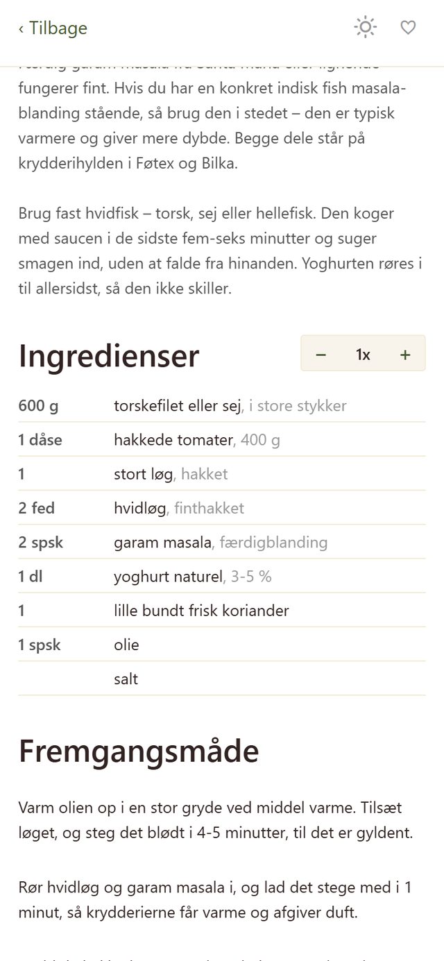 En opskrift i appen med skaleringsknappen ved siden af ingredienslisten