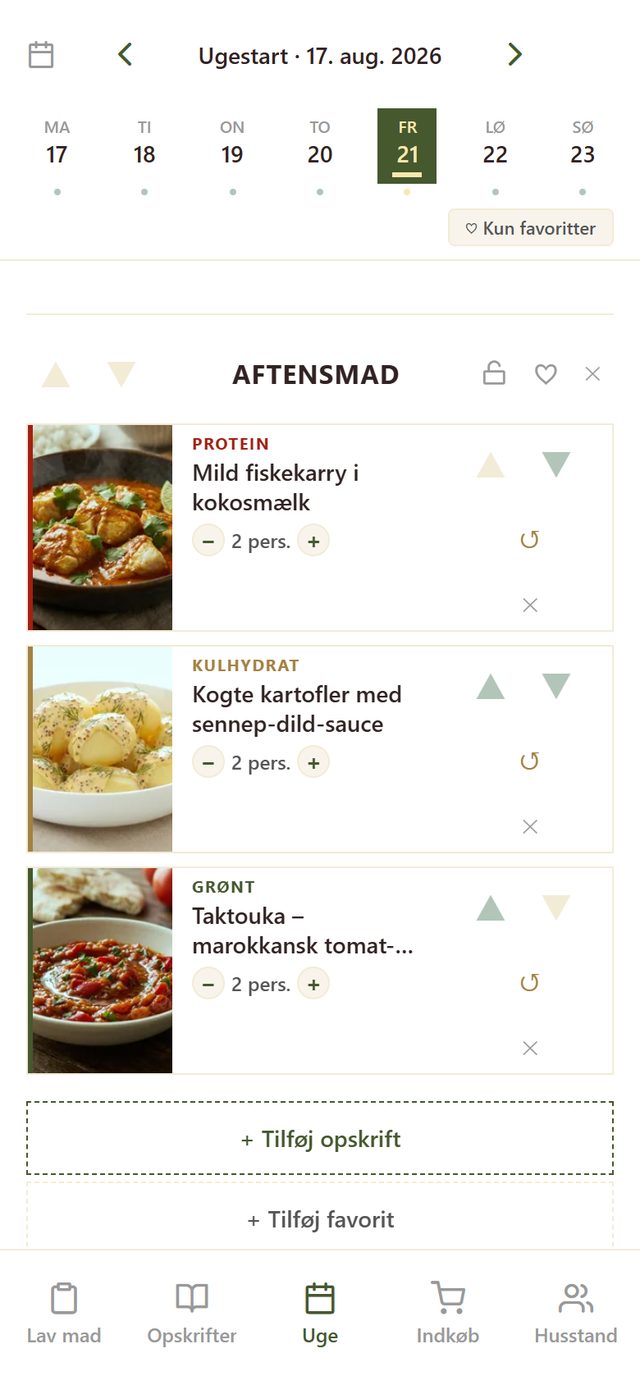Ugeplanlæggeren med dagsvælger og tre retter under overskriften Aftensmad