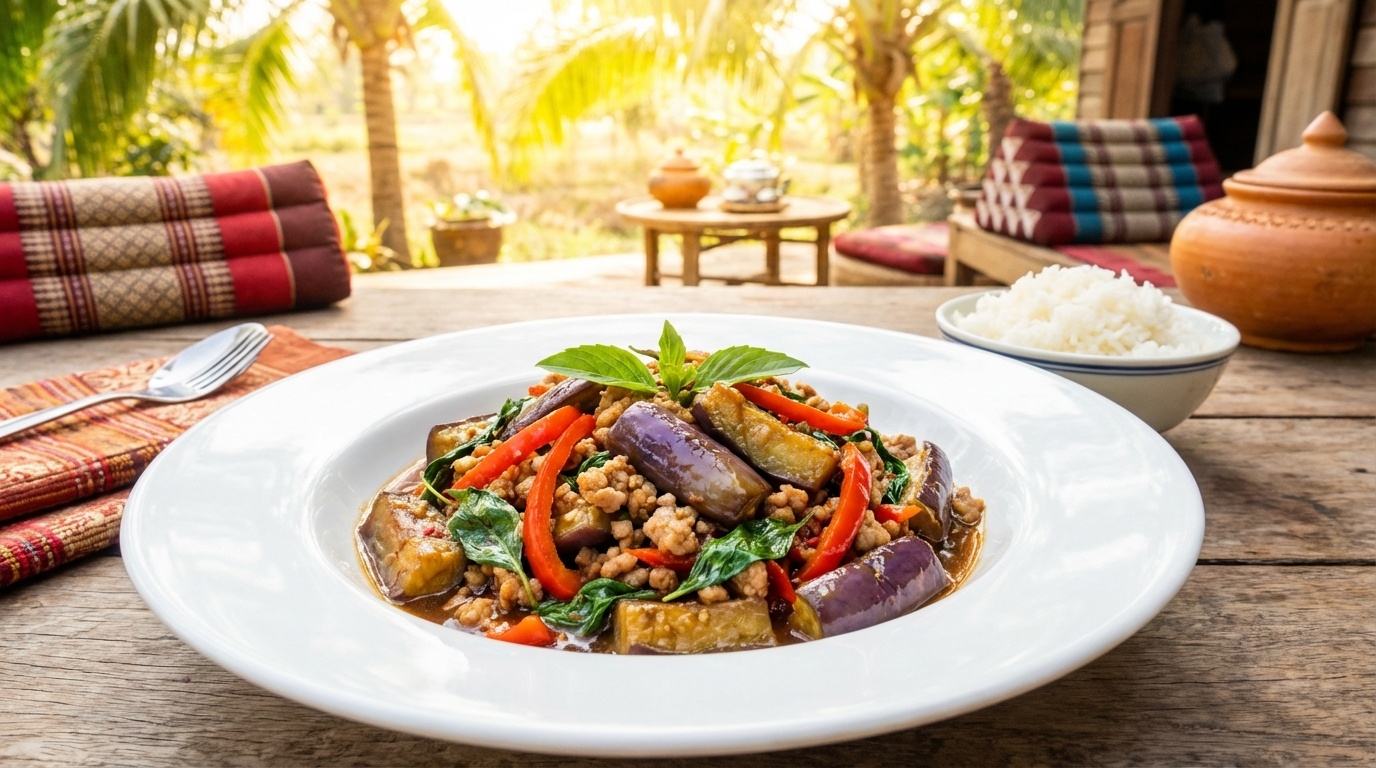 Aubergine-wok med Thai-basilikum (Pad Makeua Yao)