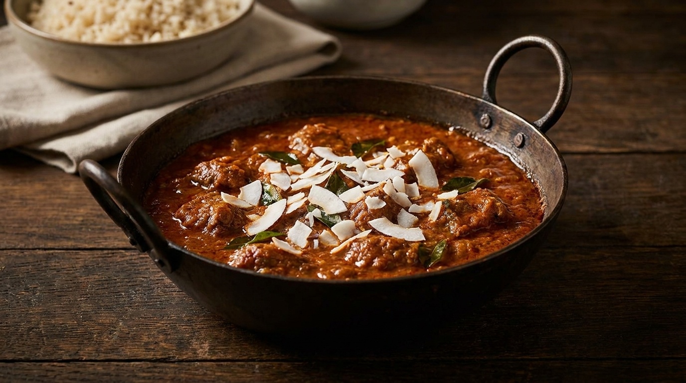 Balti lam fra Madras med tomater og kokosflager