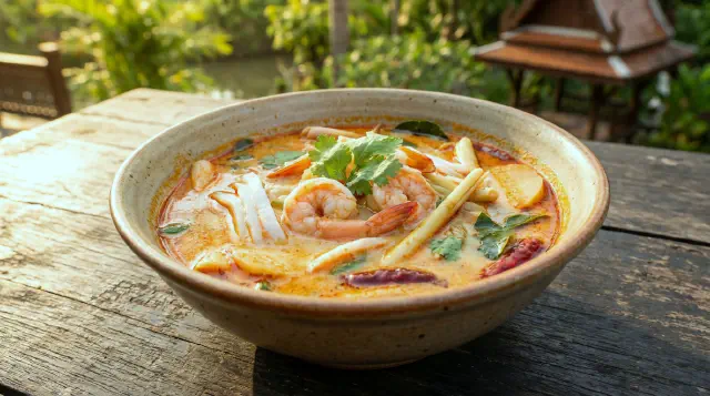 Citrongræssuppe med rejer og ung kokosnød