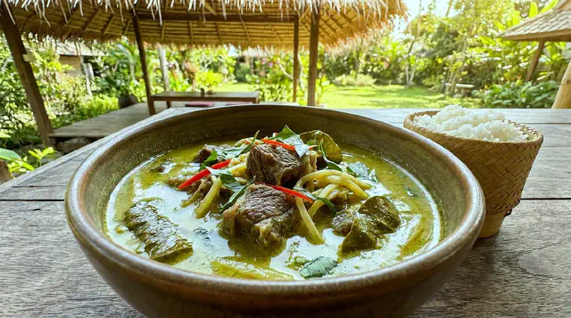 Grøn karry med braiseret okseskank (Gaeng Kiew Waan Neua)