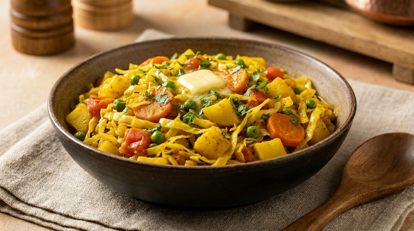 Hvidkål stegt i chili med kartofler, ærter og gulerødder