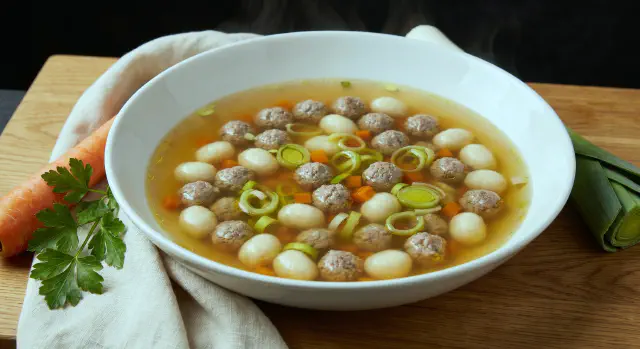 Klar suppe med kød og melboller