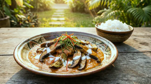 Panang karry med portobello-svampe og aubergine