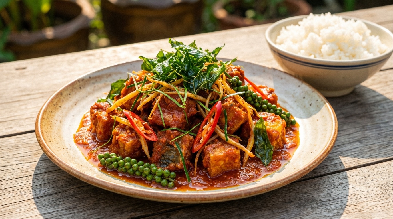 Rød karry-wok med tilapia (Pad Ped Pla Nin)