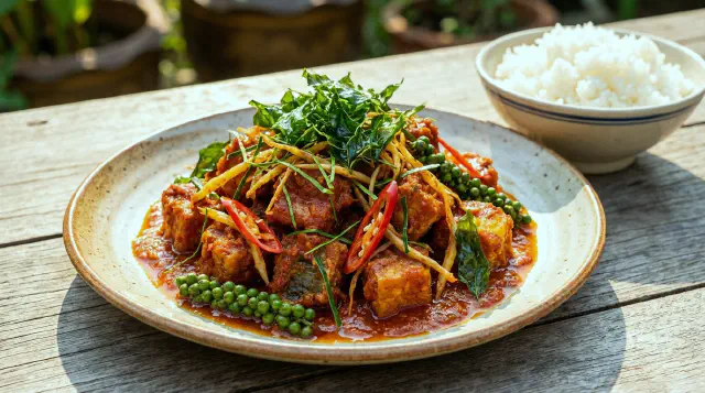 Rød karry-wok med tilapia (Pad Ped Pla Nin)