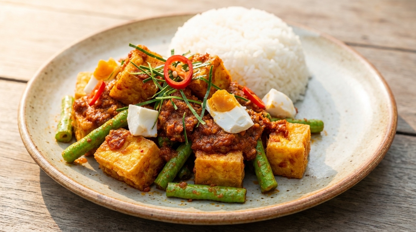 Rød karry-wok med tofu og lange bønner (Tao Hoo Pad Prik King)