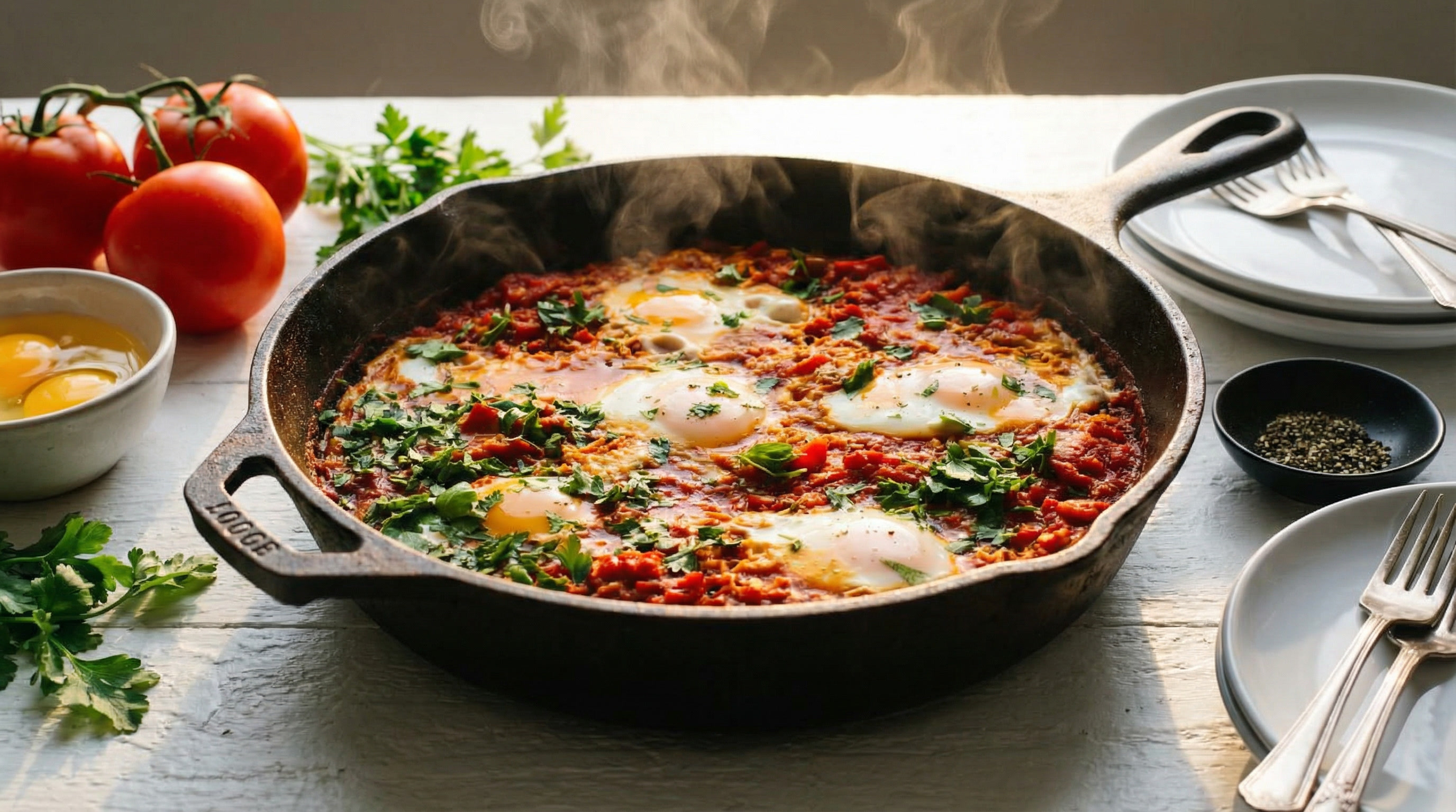 Klassisk Shakshuka – Pocherede Æg i Harissa-Tomatsauce