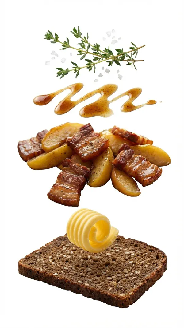 Opbygning af æbleflæsk med timian og brunt smør © kvalimad.dk