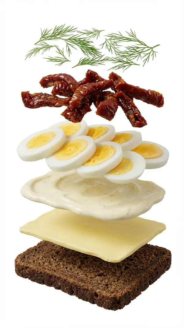 Opbygning af æg med syltet citron og soltørrede tomater © kvalimad.dk