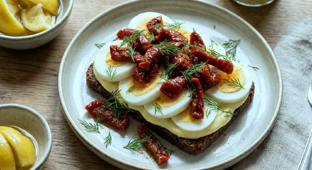 Æg med syltet citron og soltørrede tomater