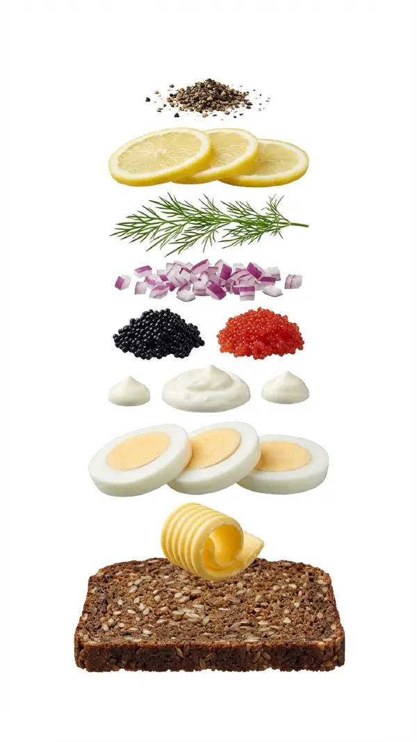 Opbygning af æg med stenbiderrogn og crème fraîche © kvalimad.dk