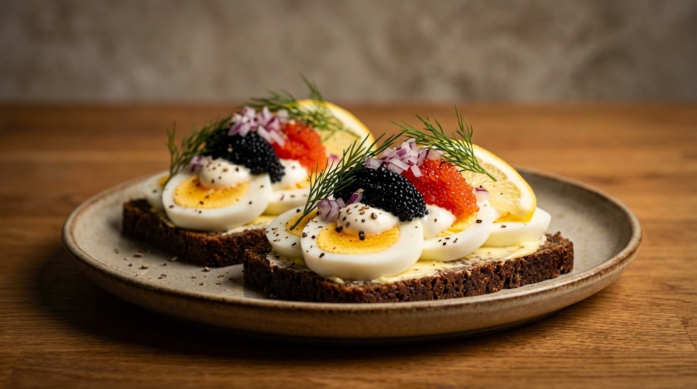 Smørrebrød med æg, stenbiderrogn og crème fraîche