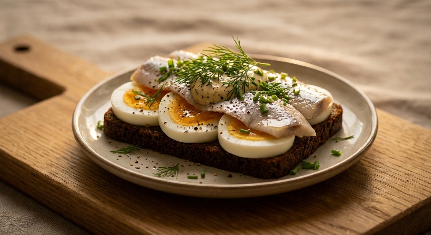 Smørrebrød med æg, sild og sennepscreme