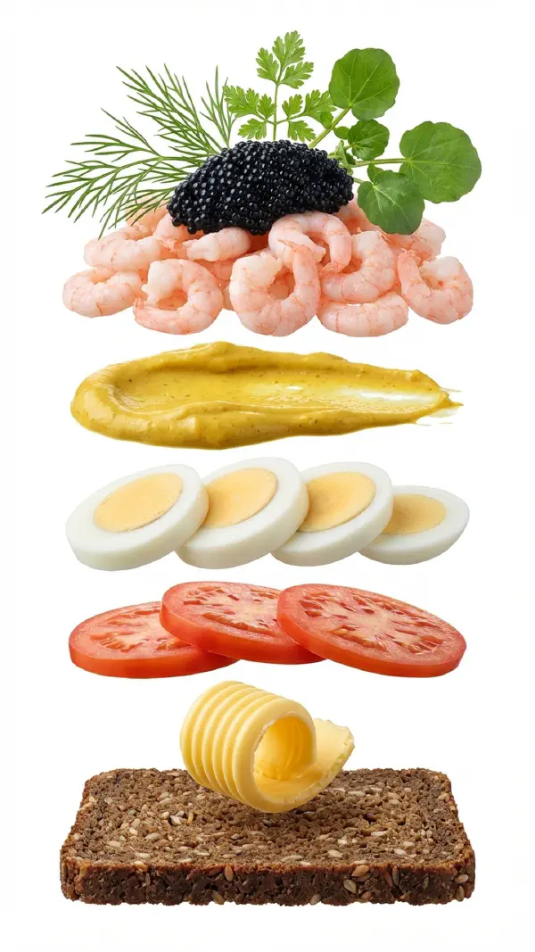 Opbygning af æg og rejer med karrymayo og stenbiderrogn © kvalimad.dk