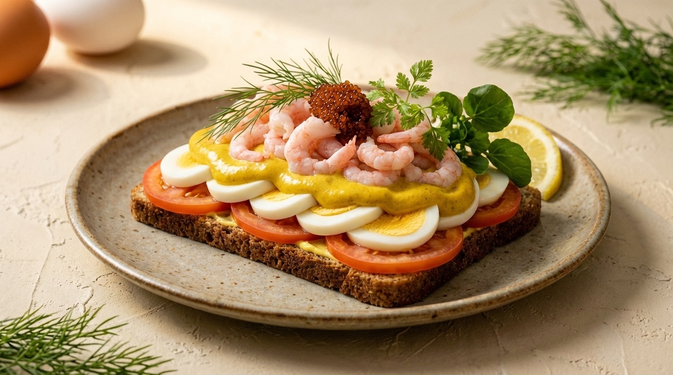 Smørrebrød med æg og rejer, karrymayo og stenbiderrogn