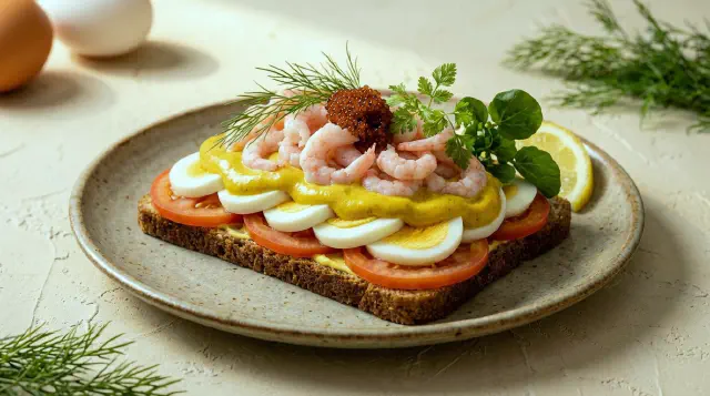 Smørrebrød med æg og rejer, karrymayo og stenbiderrogn