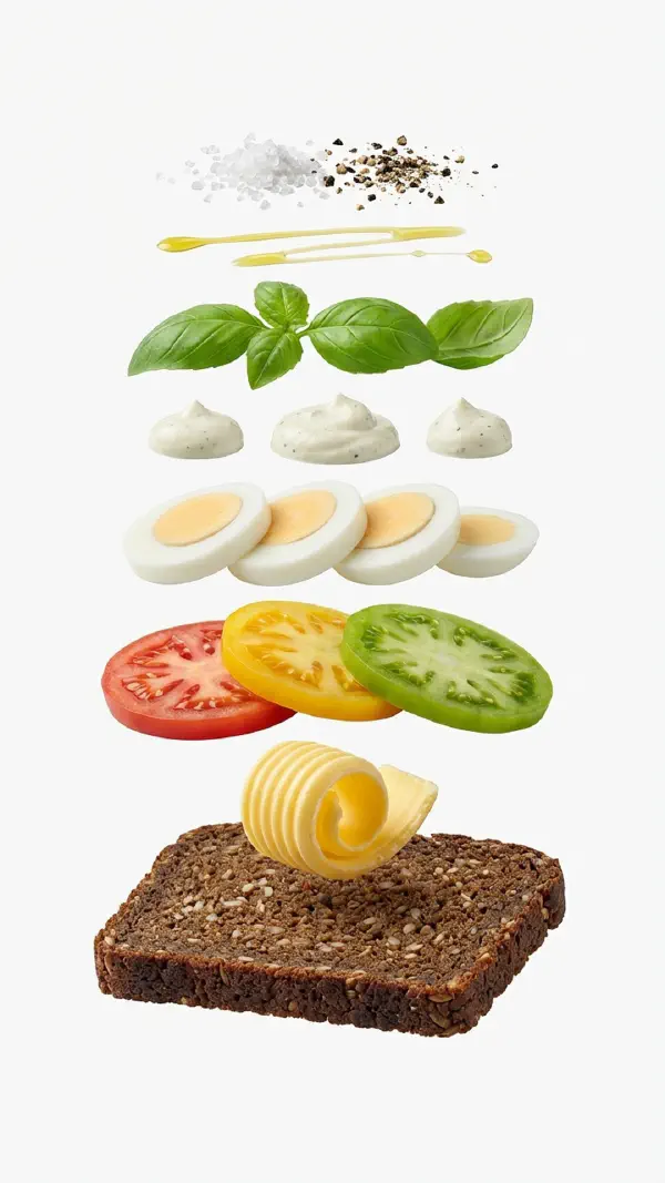 Opbygning af æg og tomat med basilikumcreme © kvalimad.dk