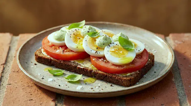 Smørrebrød med æg og tomat, basilikumcreme