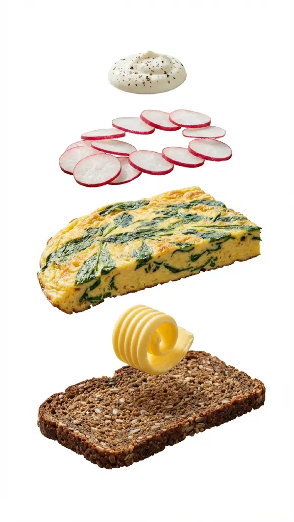 Opbygning af æggekage med ramsløg og radiser © kvalimad.dk