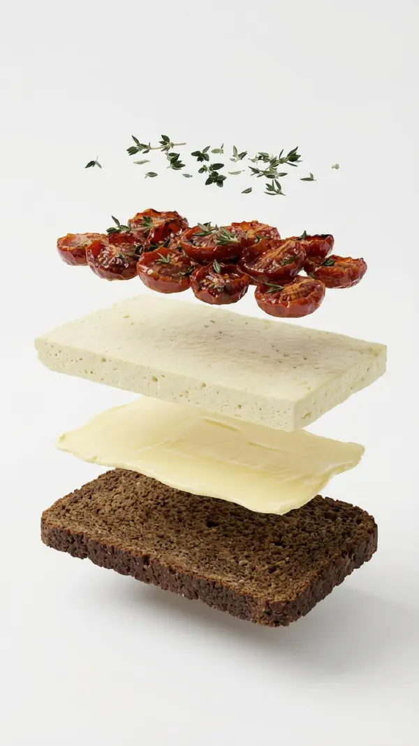 Opbygning af æggekage med bagte tomater og timian © kvalimad.dk