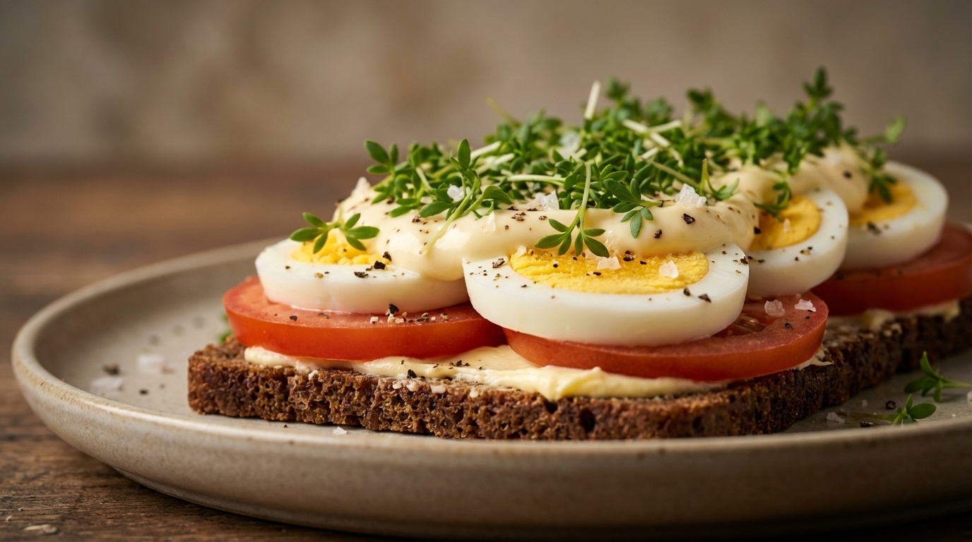 Smørrebrød med æggemad, mayonnaise og karse