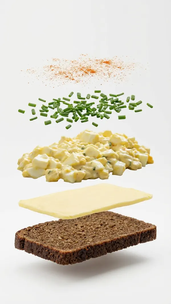 Opbygning af æggesalat med dijonsennep og purløg © kvalimad.dk