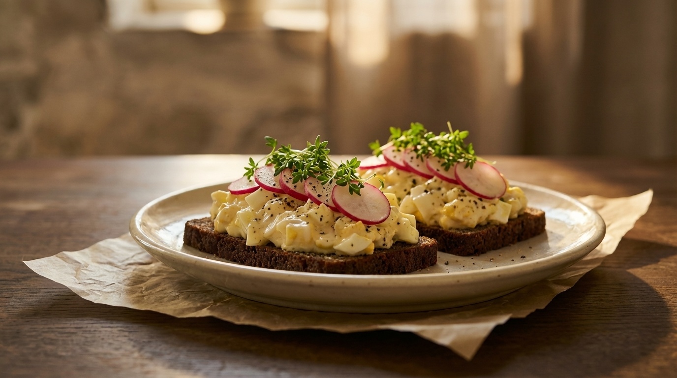 Smørrebrød med æggesalat, dijonsennep og kørvel