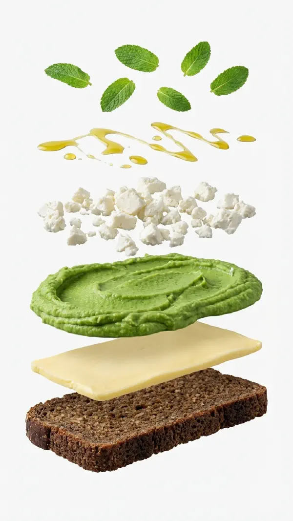 Opbygning af ærtemousse med mynte og feta © kvalimad.dk