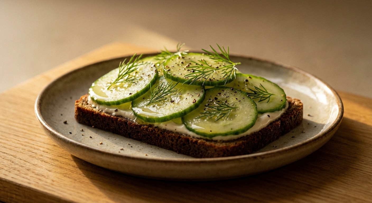 Smørrebrød med agurkesalatmad, dild og crème fraîche