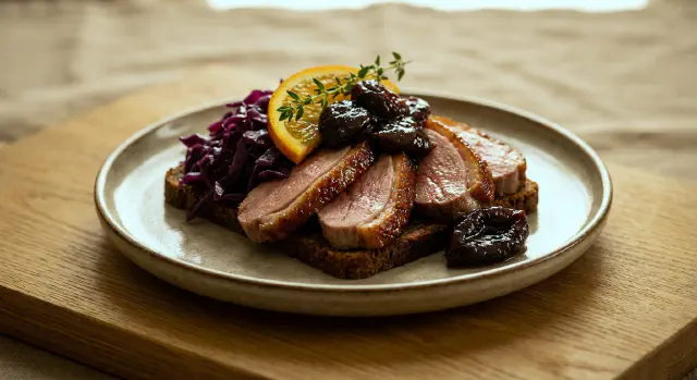 Smørrebrød med andesteg, rødkål og sveskekompot