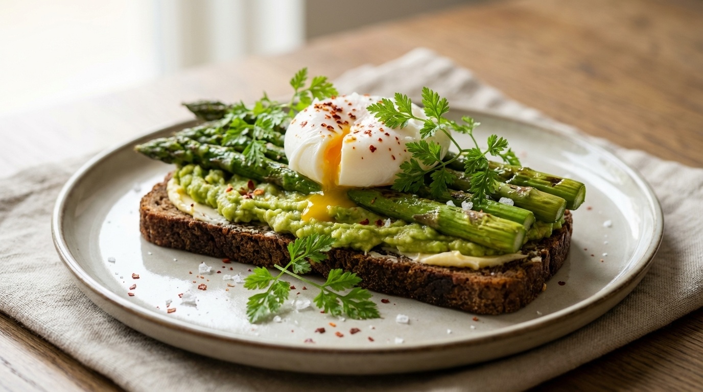 Smørrebrød med avocadomad, asparges og pocheret æg