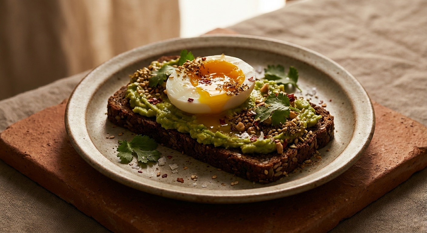 Smørrebrød med avocadomad, blødkogt æg og dukkah