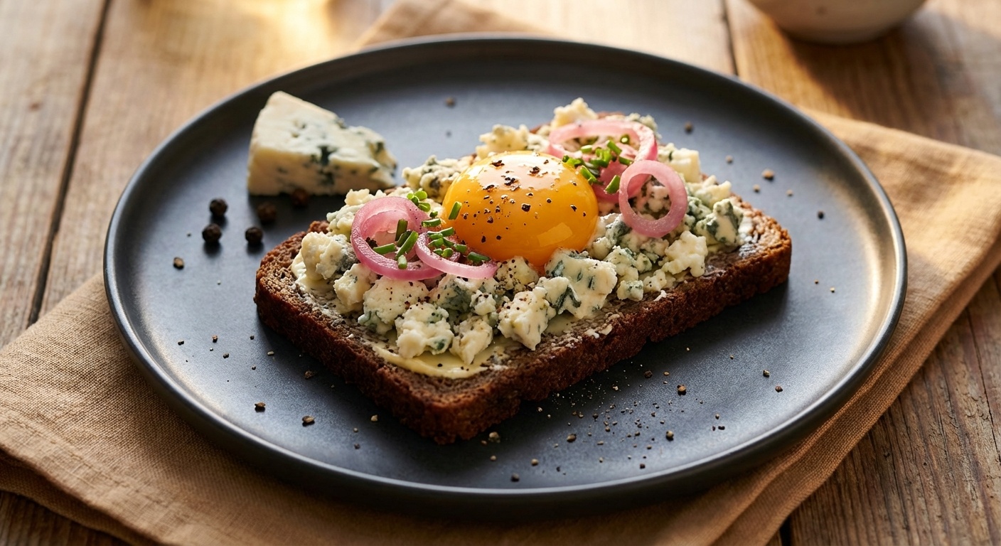 Blåskimmelost med æggeblomme og rødløg