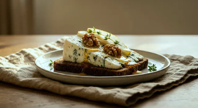Smørrebrød med blåskimmelost, honning, valnødder og pære