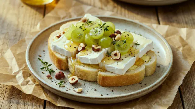 Smørrebrød med brie, druer og ristede hasselnødder