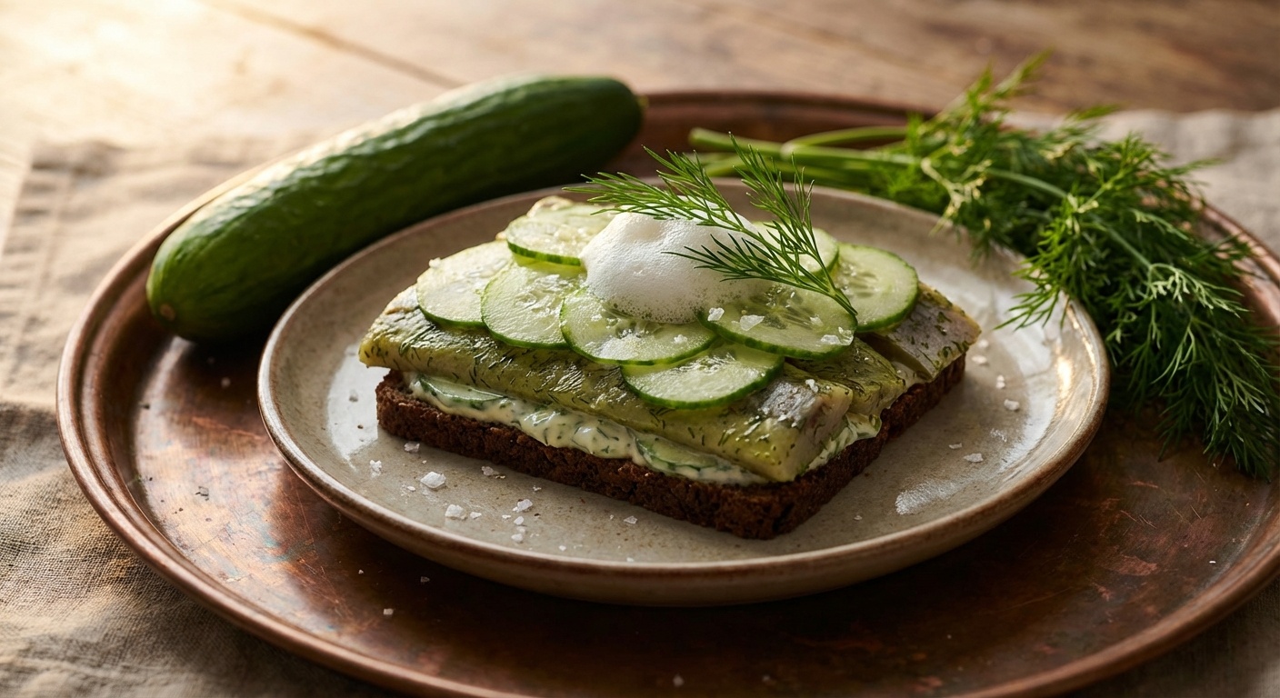 Smørrebrød med dildsild, agurke-creme og rygeostskum