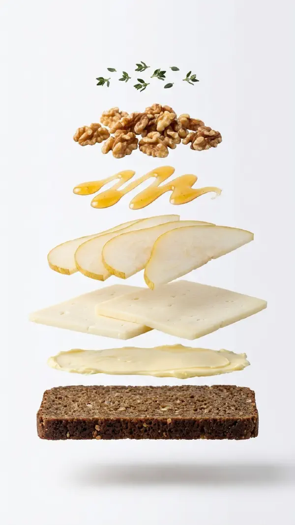 Opbygning af esrom med pære og ristede valnødder © kvalimad.dk