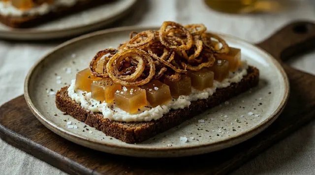 Smørrebrød med fedt og sky, ristede løg