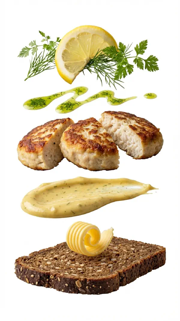 Opbygning af fiskefrikadeller med remoulade og dildolie © kvalimad.dk