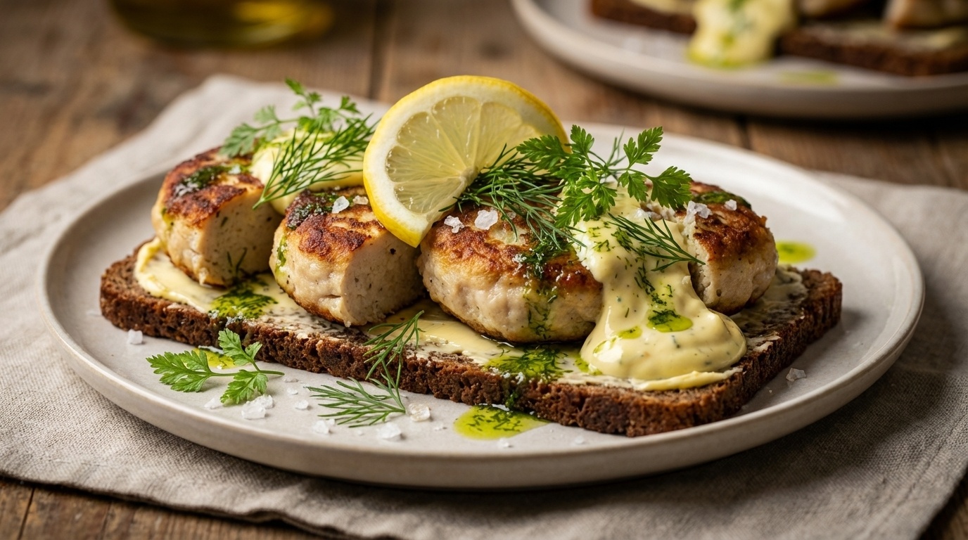 Smørrebrød med fiskefrikadeller, remoulade og dildolie