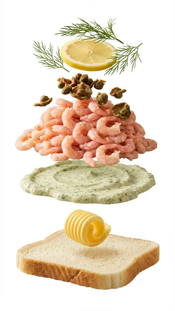 Opbygning af fjordrejer med dildmayo og sprøde kaperschip © kvalimad.dk