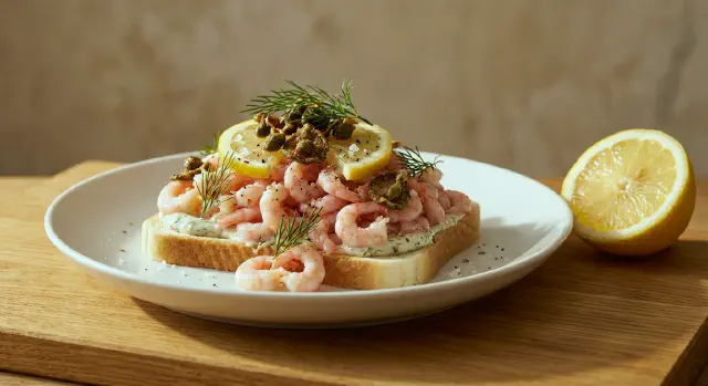 Smørrebrød med fjordrejer, dildmayo og sprøde kaperschip