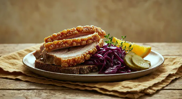 Smørrebrød med flæskesteg, rødkål og syltede agurker