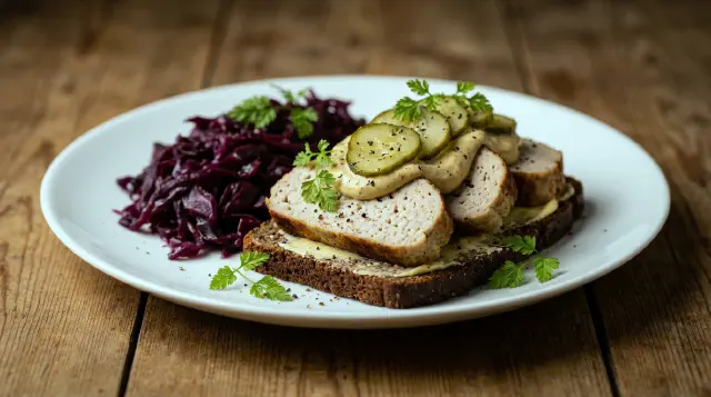 Smørrebrød med frikadelle, rødkål og sennepscreme