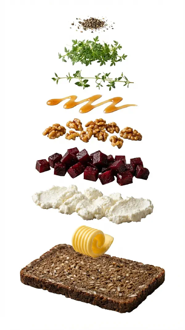 Opbygning af gedeost med rødbeder, honning og valnødder © kvalimad.dk