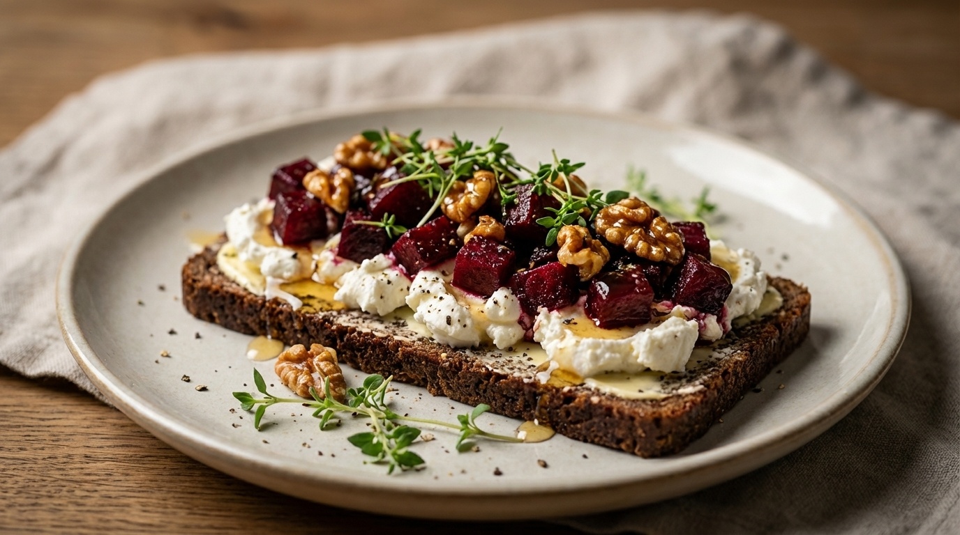Smørrebrød med gedeost, rødbeder, honning og valnødder